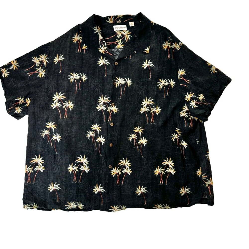 Caribbean Men's Size 4X Black Palm Tree Print Silk Blend Shirt Bamboo Buttons